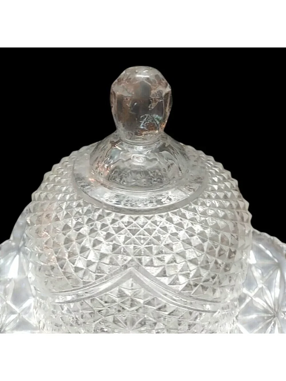 Glass Covered Butter Dish  Raised Diamond Cut Starburst Avon By Fostoria Vintage